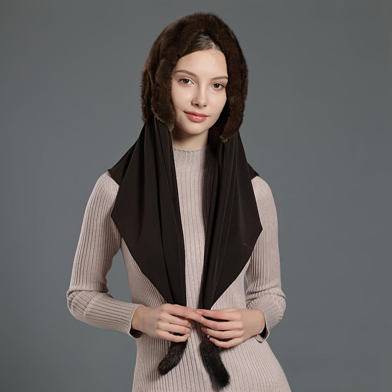 Qora rangda qizil aksentlar bilan bezatilgan zamonaviy ayollar uchun soxta mink mo'ynali sharf shlyapa, kuz/qish uchun mukammal.