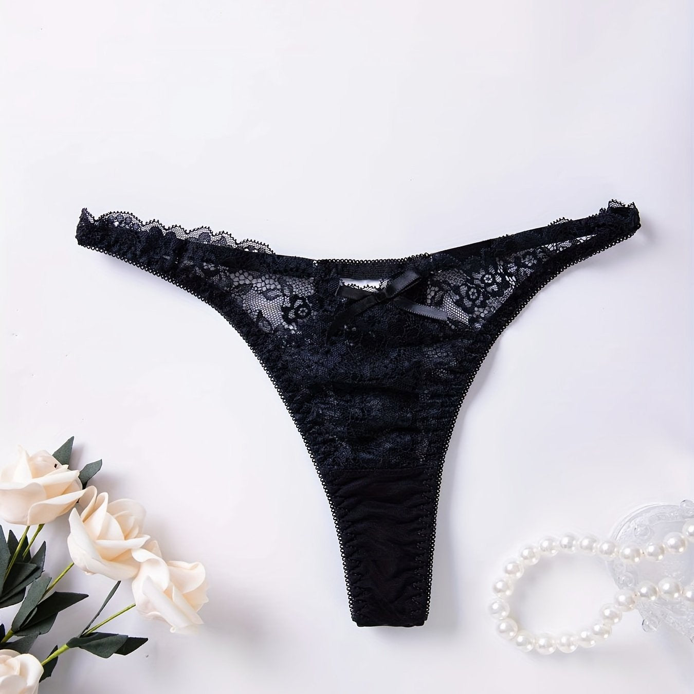 Women's Floral Lace Thongs and Low Waist Bow Tie Panties Lingerie
