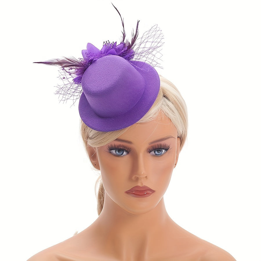 Feather Fascinator Hat with Mesh Veil and Beret Style for Weddings Races Halloween and Parties Available with Headband or Clip