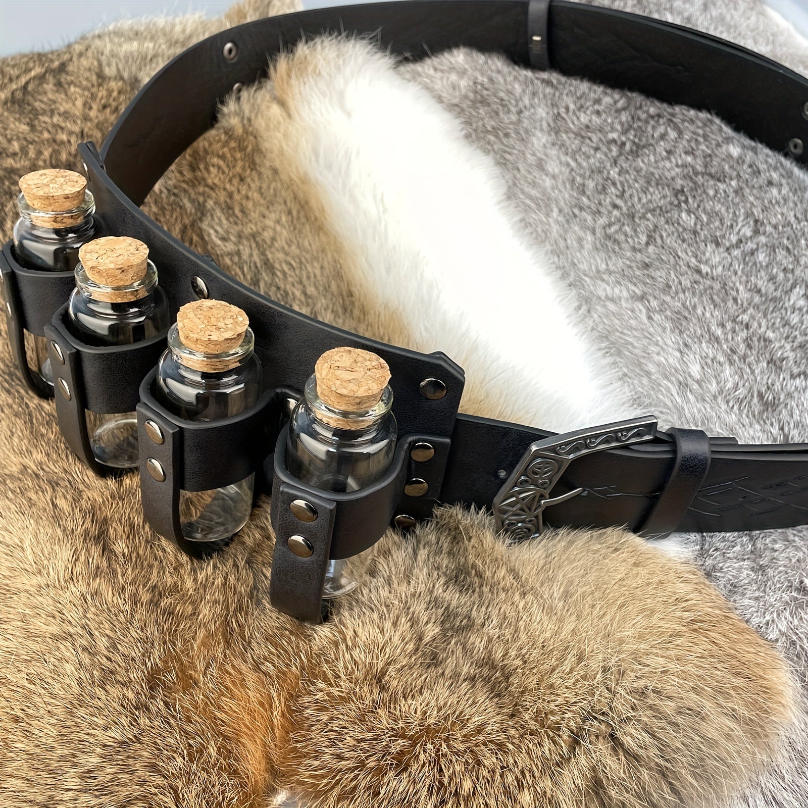 Medieval Waistbelt with Four Bottle Holders PU Leather Viking Cosplay Accessory