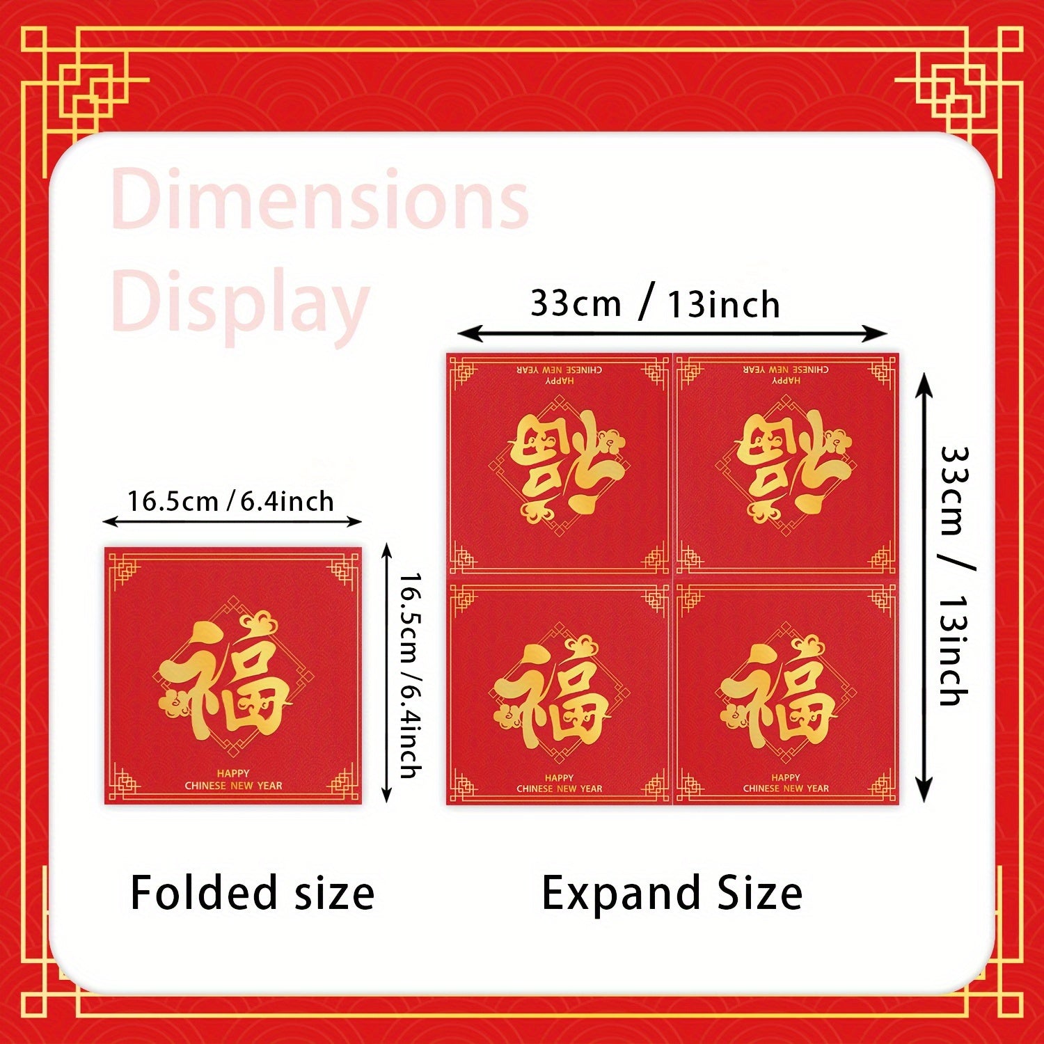 Red Chinese New Year Napkins 3-Ply Multi-Fold Fu Character Gold Accents Festive