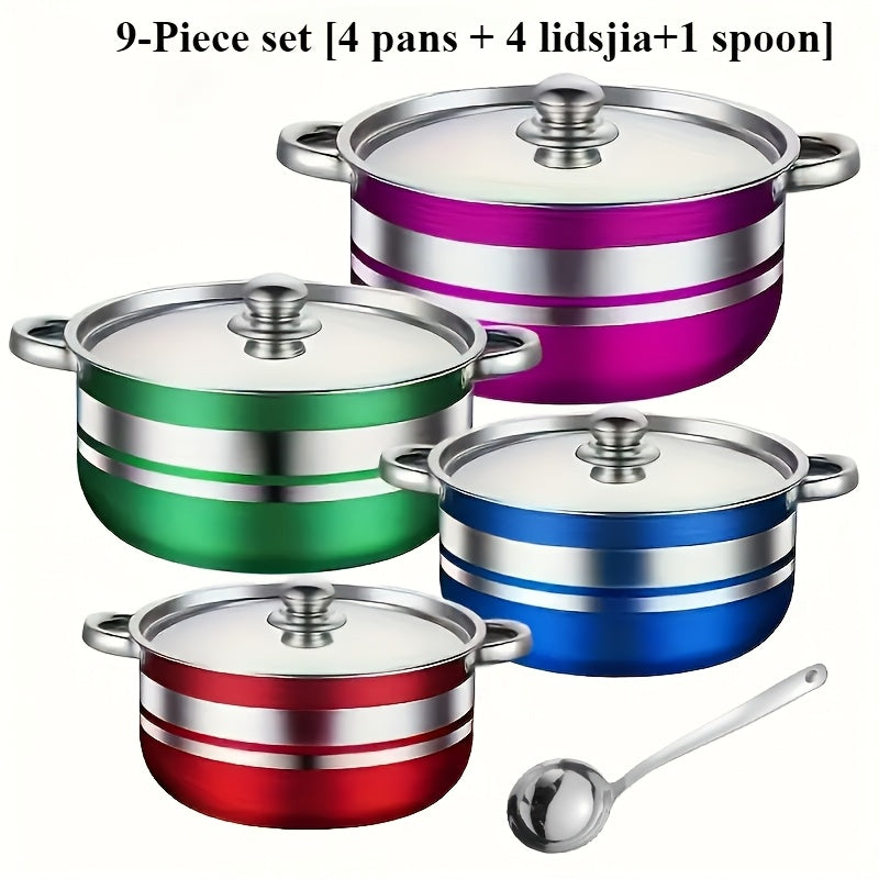 Juego de utensilios de cocina de acero inoxidable de 9 piezas con tapas y cuchara para acampar en casa