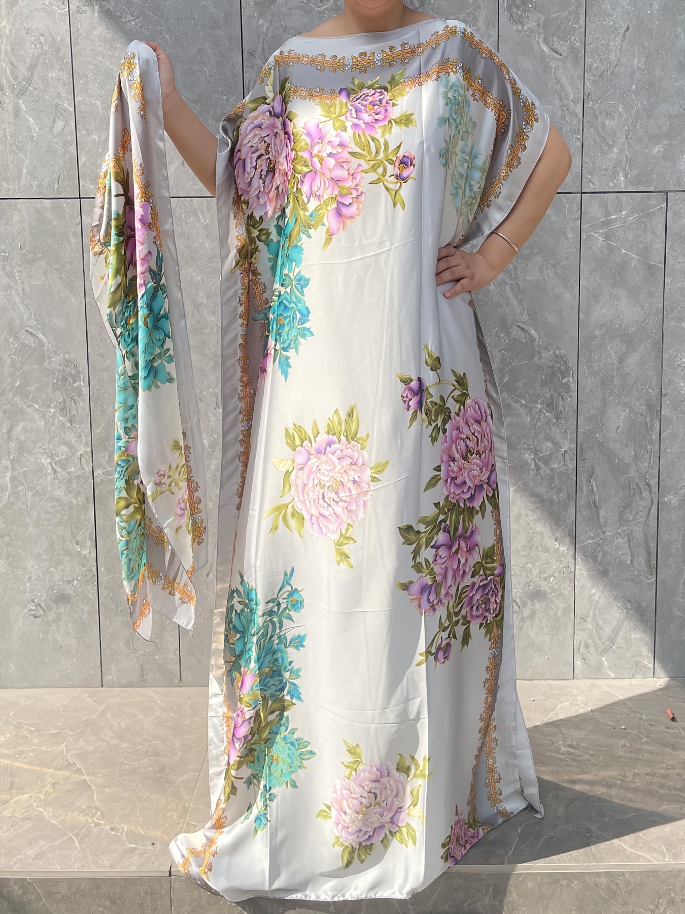 Plus Size Turkish Kafatan Robe with Scarf Floral Geometric Polyester