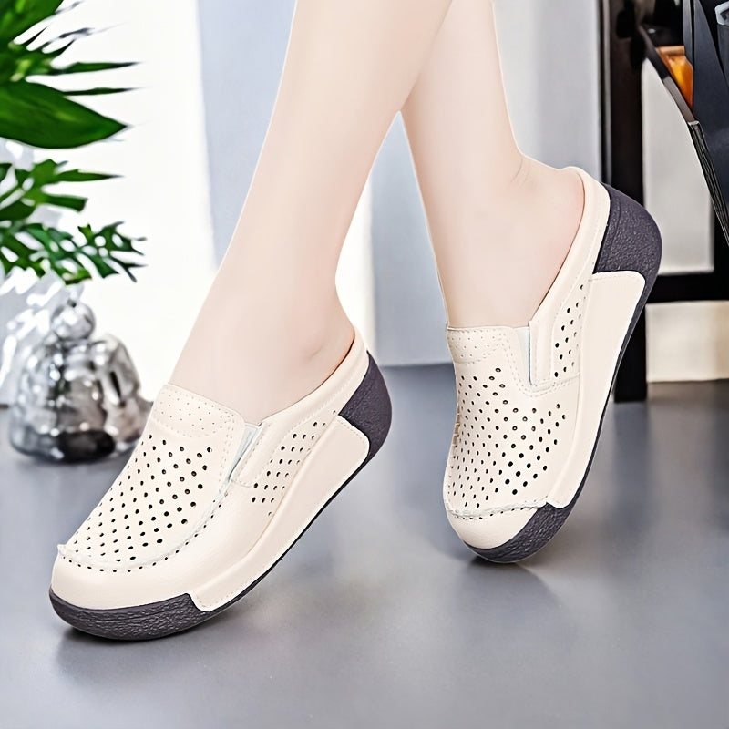 Women's Breathable Slip-On Mules with Thick Platform Sole and Perforated Design