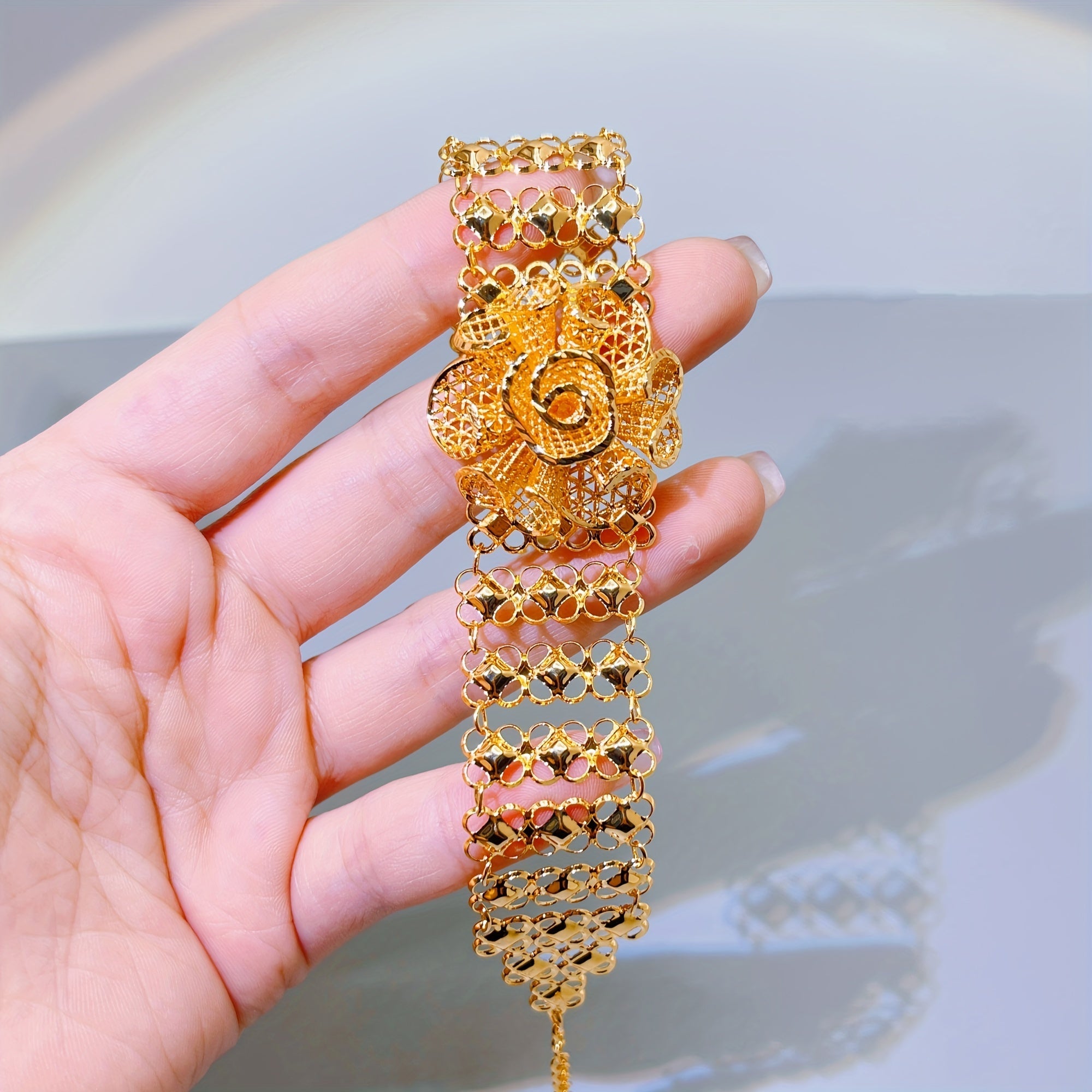 Gold-Plated Champagne Rose Flower Bracelet with Wide Chain for Weddings and Gifts