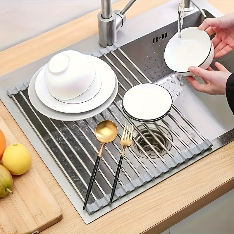 Stainless Steel Roll-Up Dish Drying Rack for Sink, Foldable Kitchen Utility Storage