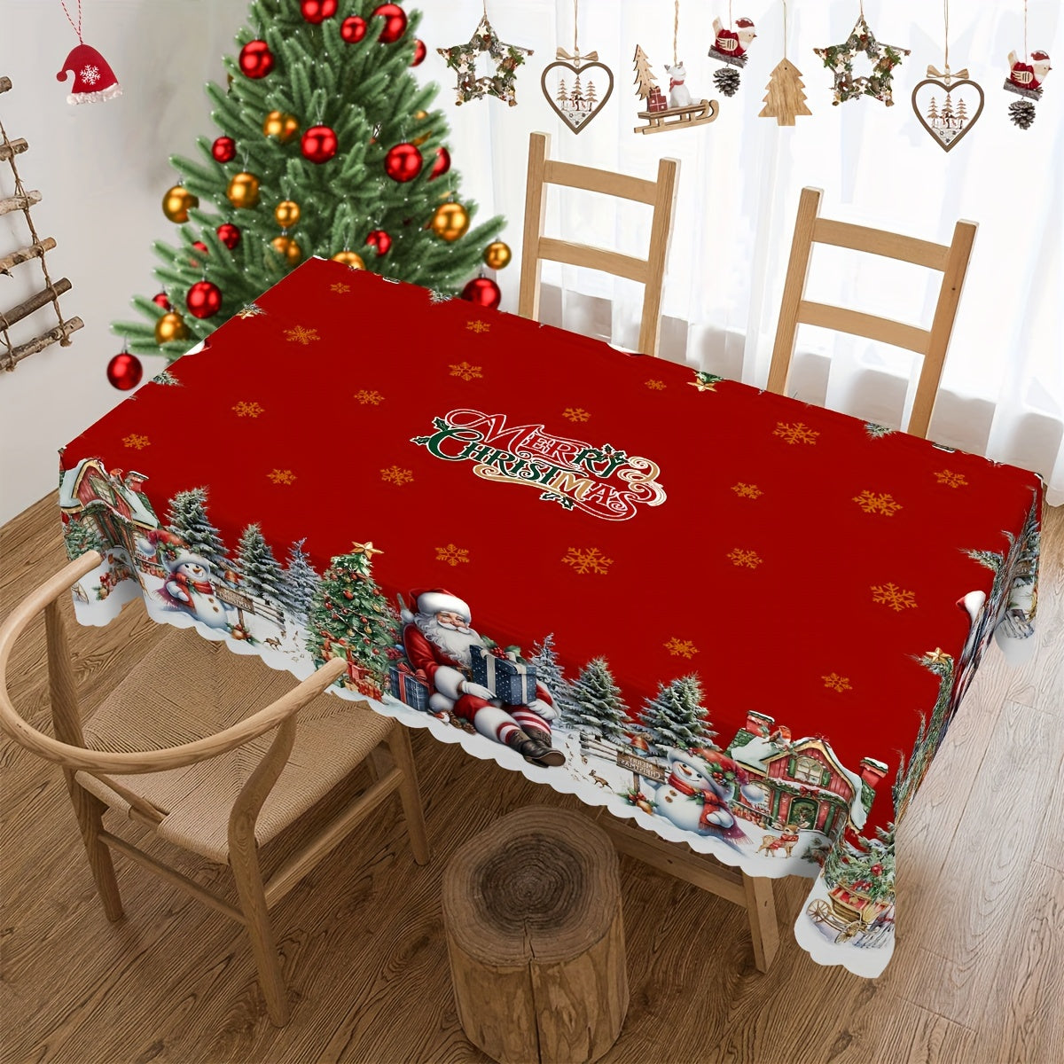 Christmas Tablecloth with Santa Snowman and Tree Patterns Polyester for Round and Rectangular Tables