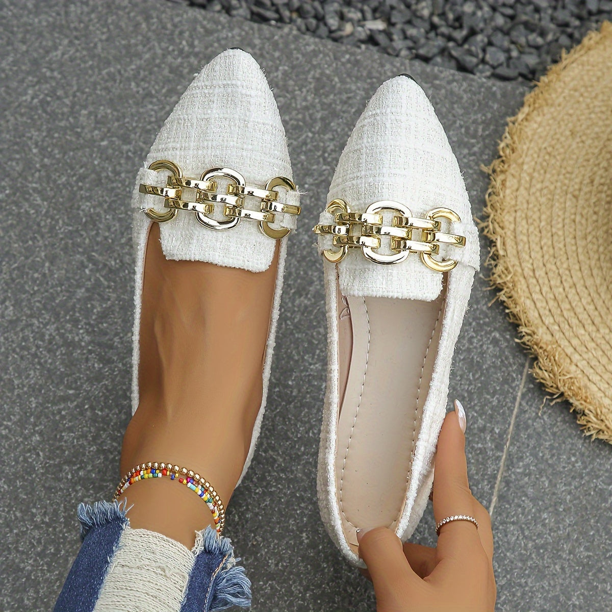 Women’s Metallic Chain Detail Pointed Toe Flats for Work and Casual