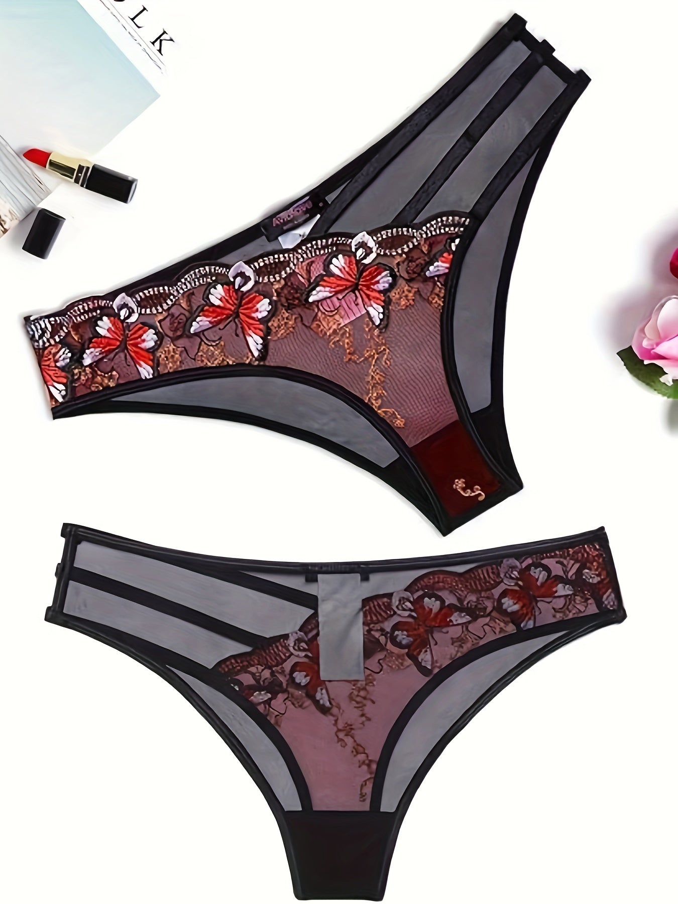 Women's Floral Lace Trim Thong Panties Low-Rise Sexy Lingerie