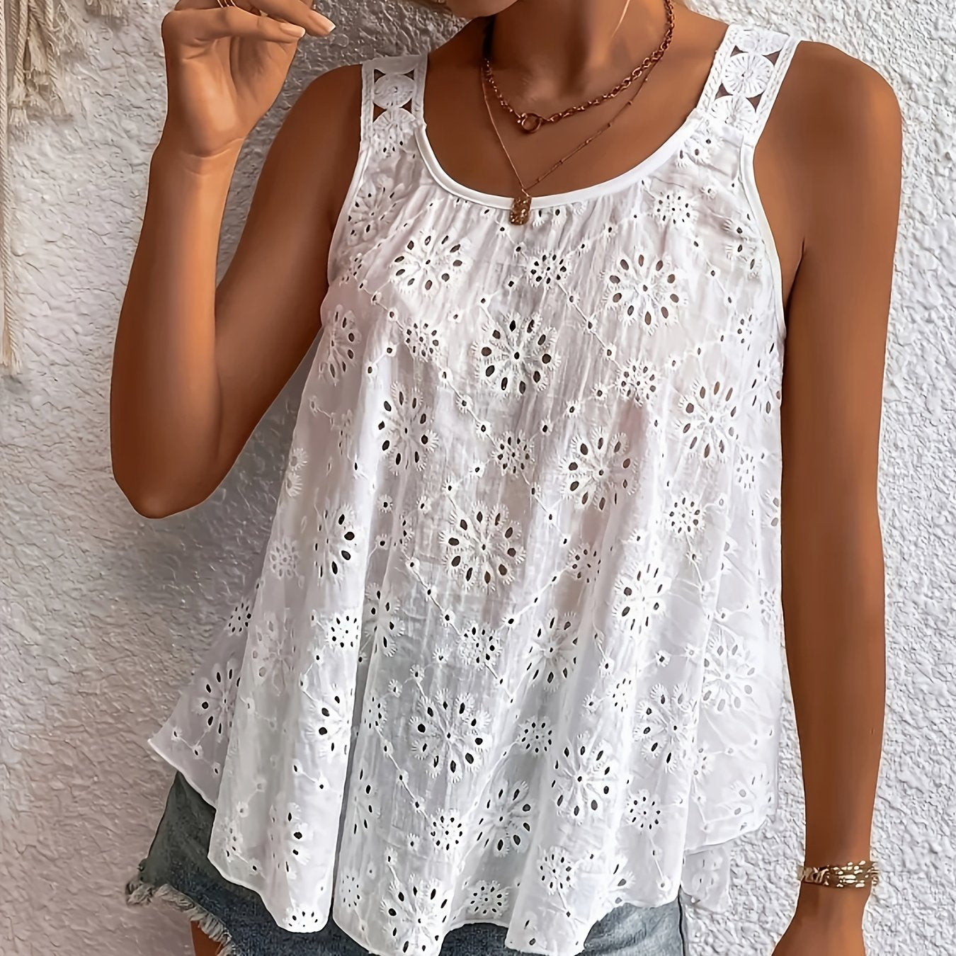 Топ без рукавов с кружевной отделкой и цветочным принтом для женщин plus size, летняя повседневная блузка