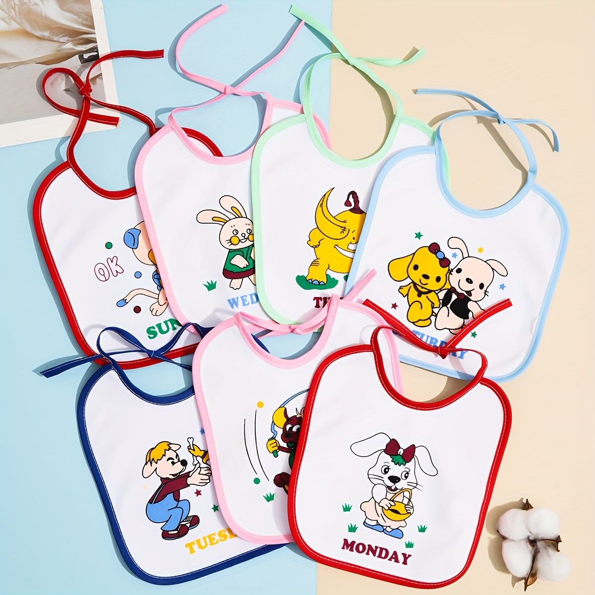 Set of 7 Weekly-Themed Waterproof Baby Bibs with Gentle Fabric and Fun Designs