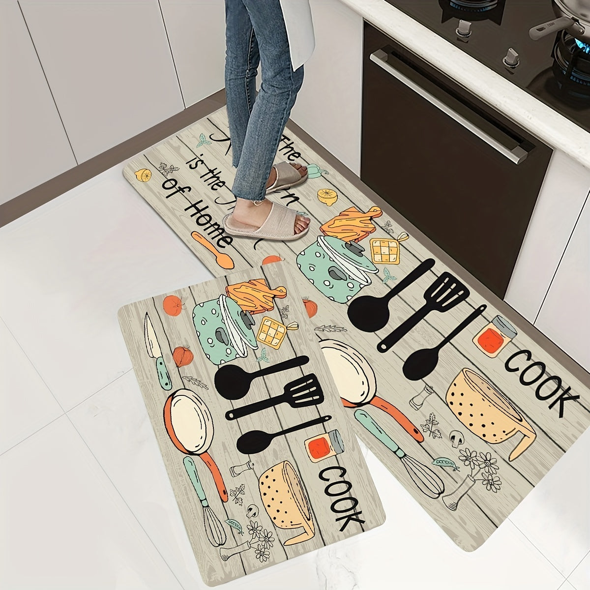 Alfombra moderna de poliéster para cocina con gráficos de cubiertos y letras, lavable a máquina, alfombra rectangular para el suelo para cocina y decoración del hogar