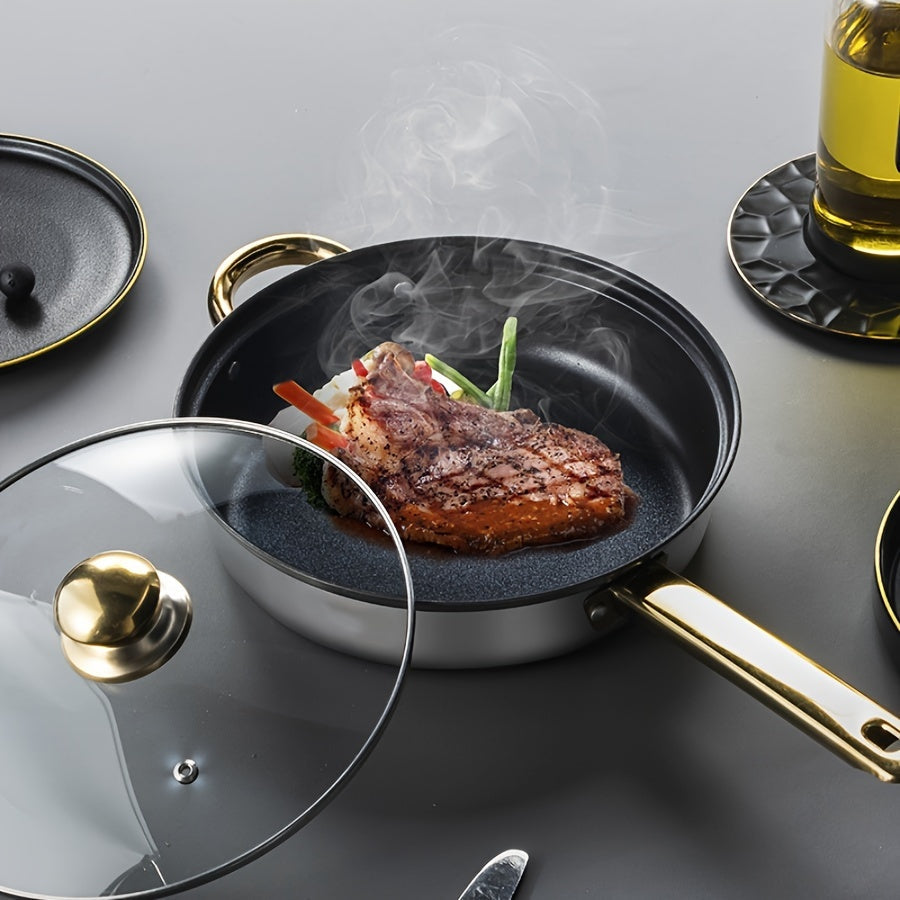 12-Piece Stainless Steel Cookware Set with Golden Handles and Kettle