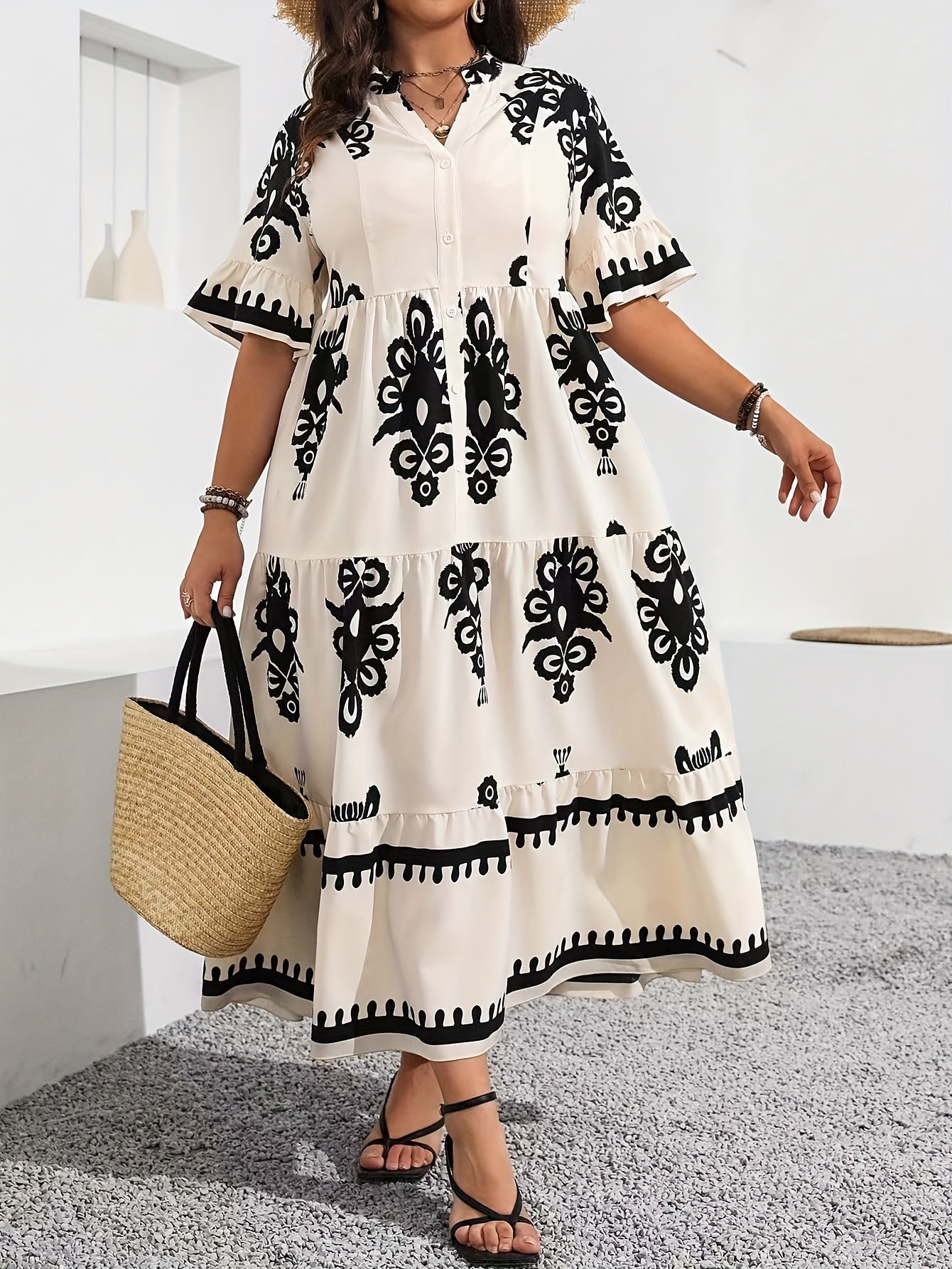 Floral Print Maxi Dress with Ruffle Sleeves for Spring Summer Polyester Blend