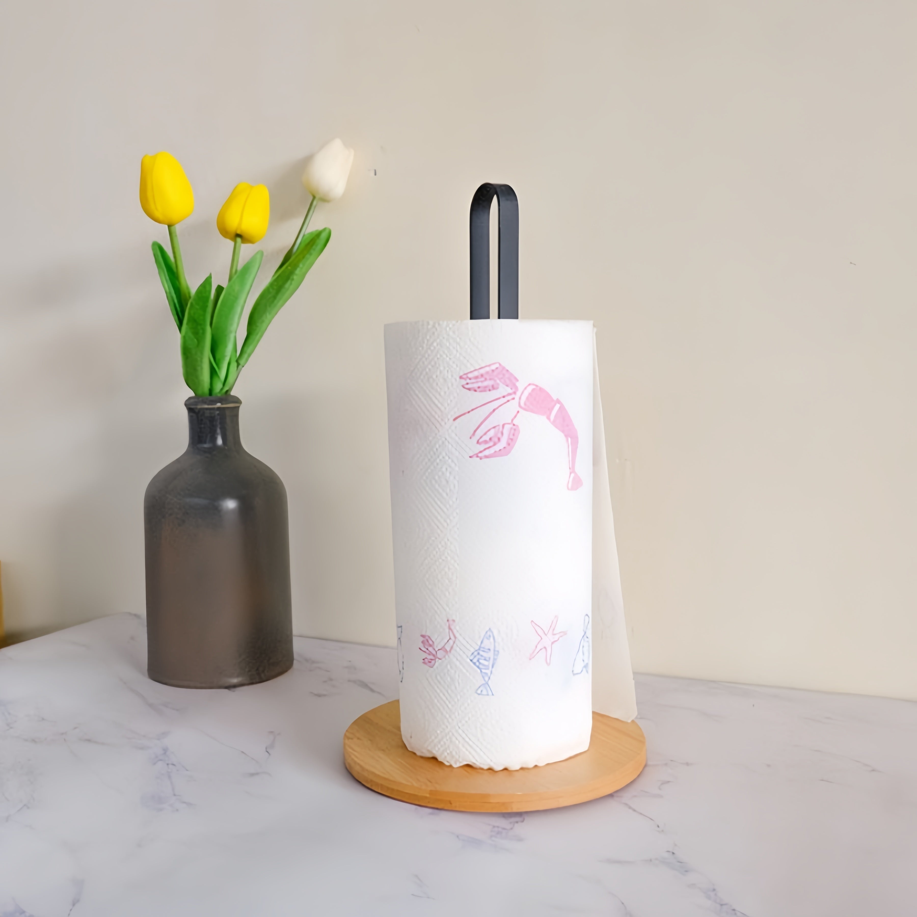 Black Bamboo and Metal Kitchen Paper Towel Holder Vertical Countertop Storage Rack