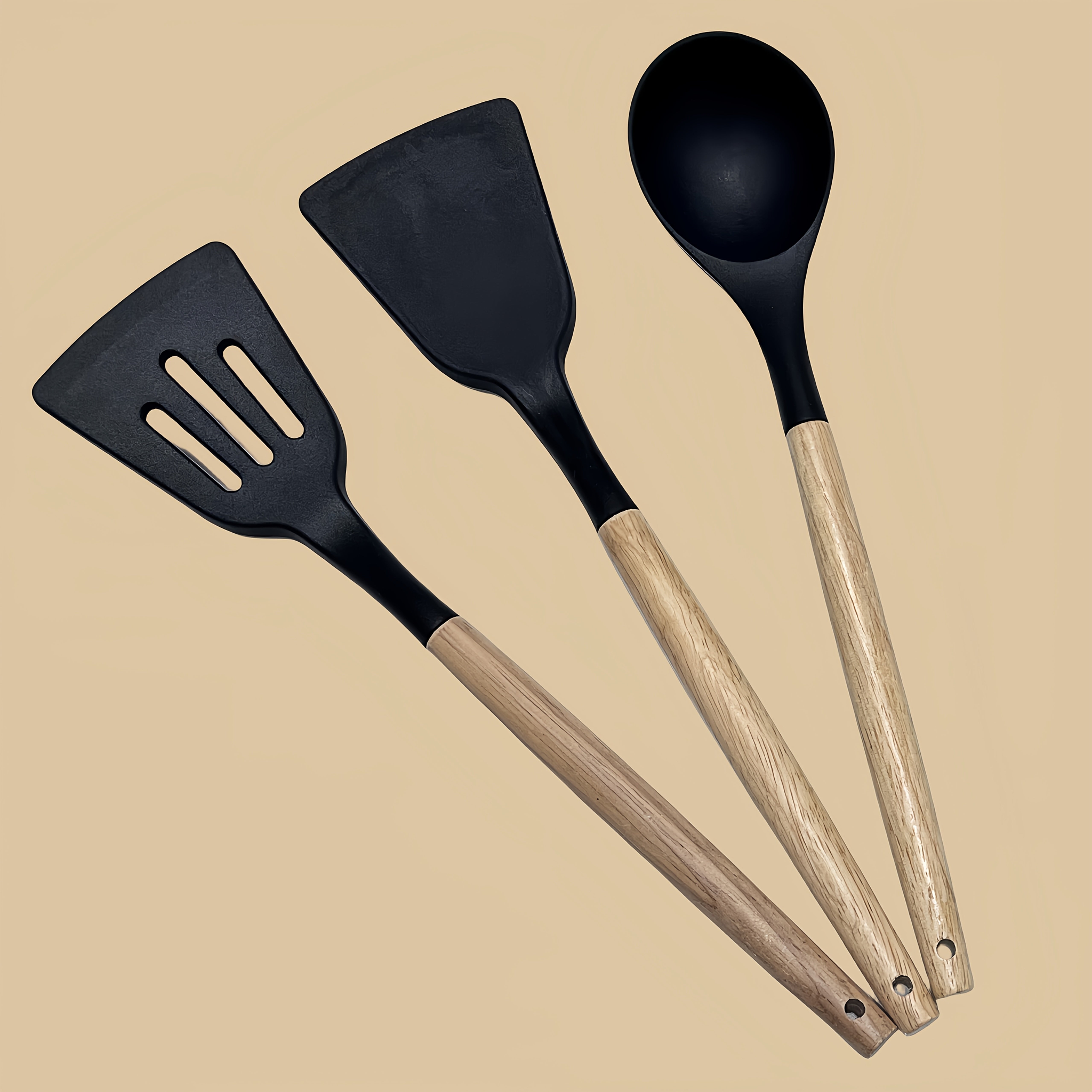 3 ta silikon non-stick pishirish asboblari to'plami, yog'och tutqichlar bilan, issiqlikka chidamli, suv o'tkazmaydigan qopqog'li qopqoq va qoshiq