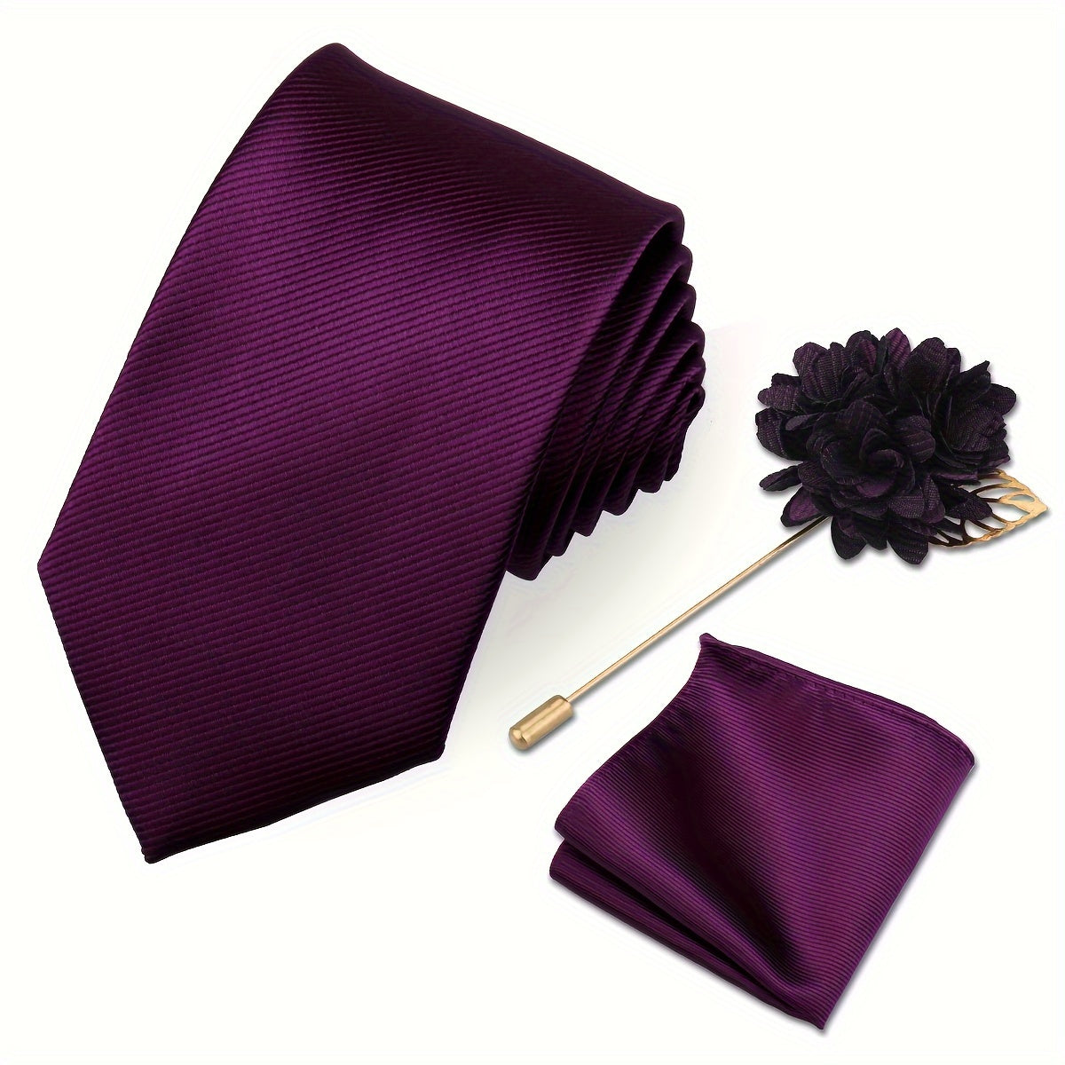 Men's Tie Set with Pocket Towel and Brooch, Classic Striped Plain Design