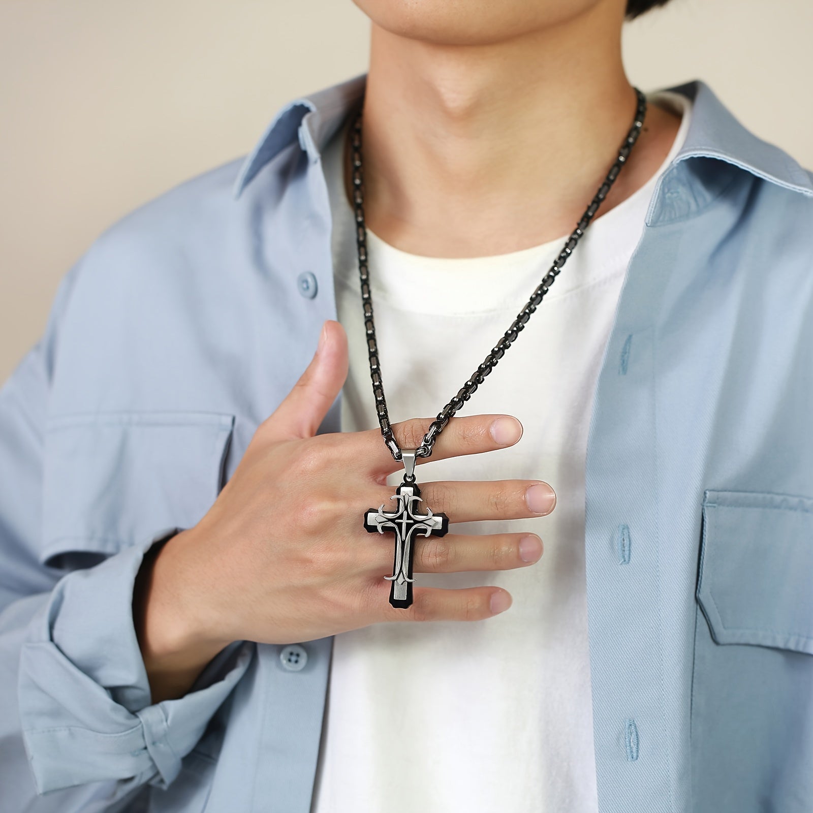 Men's Byzantine Necklace Stainless Steel Cross Pendant Double Layer Jewelry