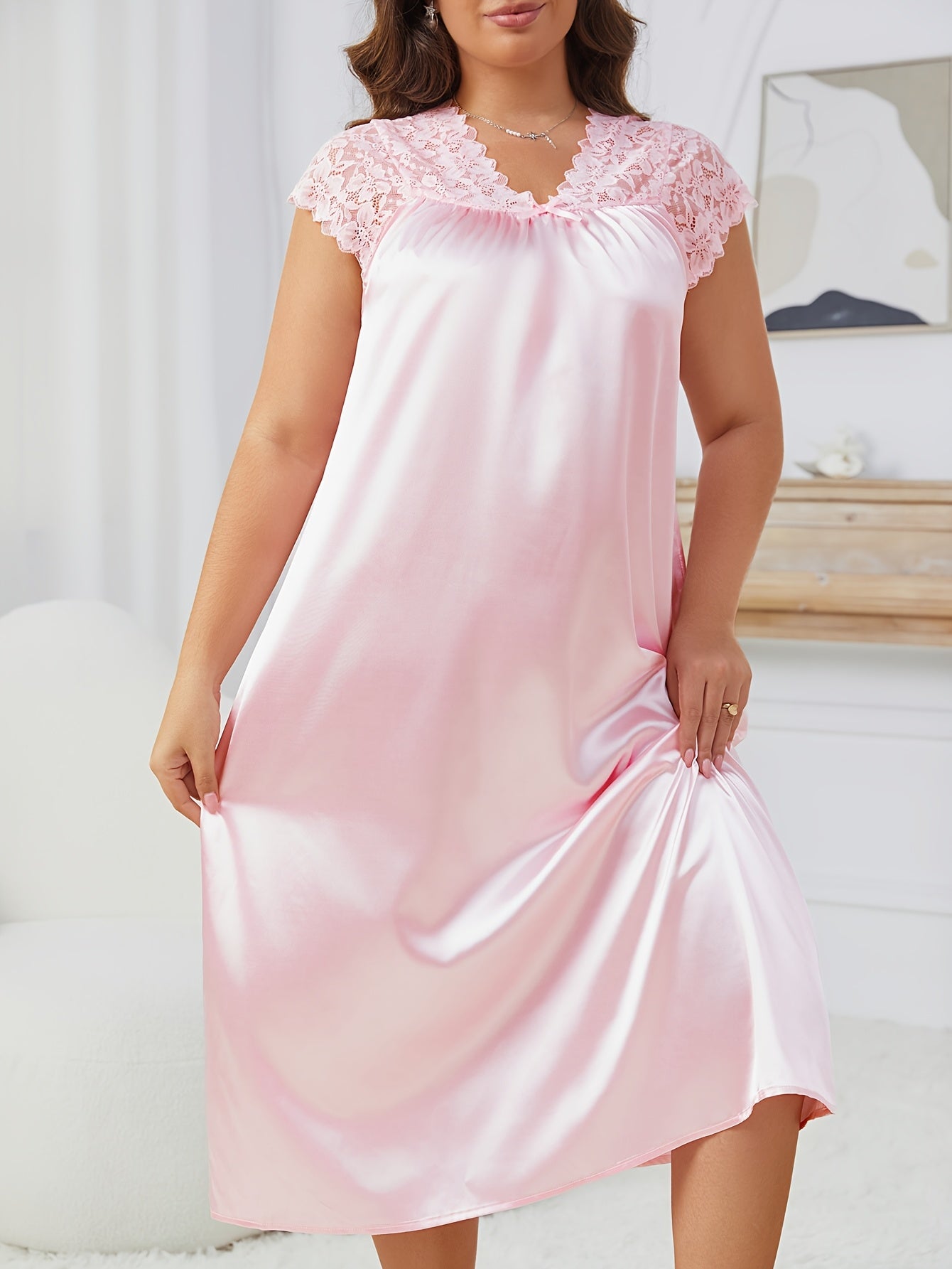 Plus Size Red Satin Nightgown with Lace Trim Short Sleeve V-Neck