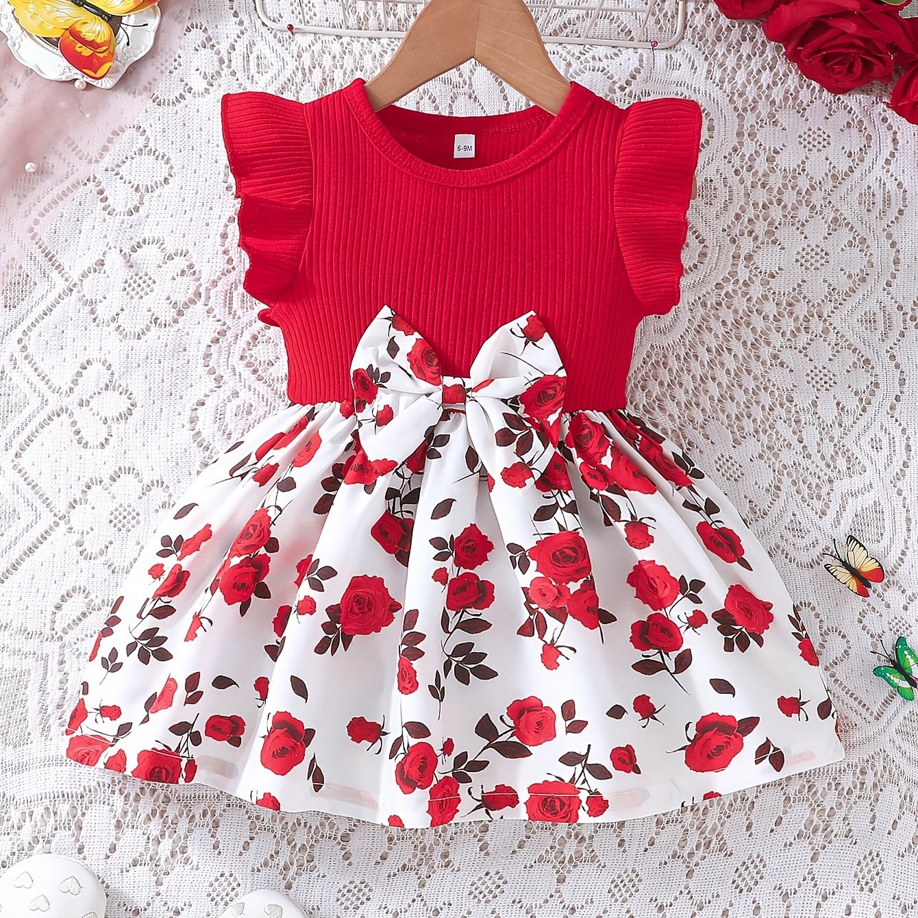 Baby Girl Summer Dress Set Floral Rose Bow Knit Cotton 0-3 Years