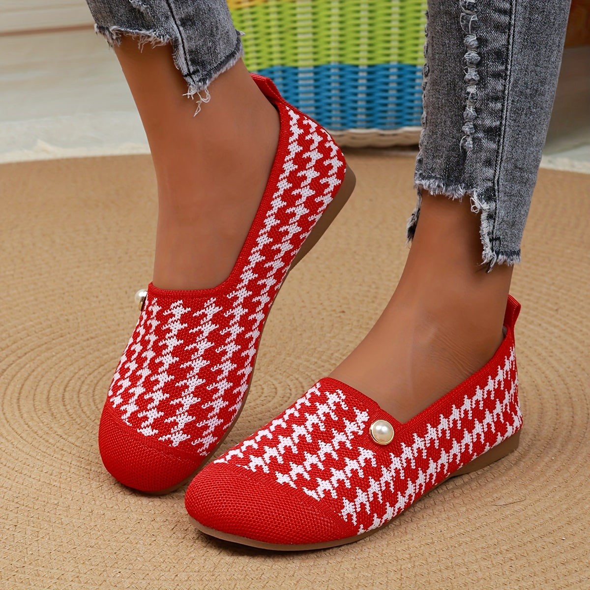 Women's Houndstooth Slip-On Flats Breathable Fabric All-Season Shoes