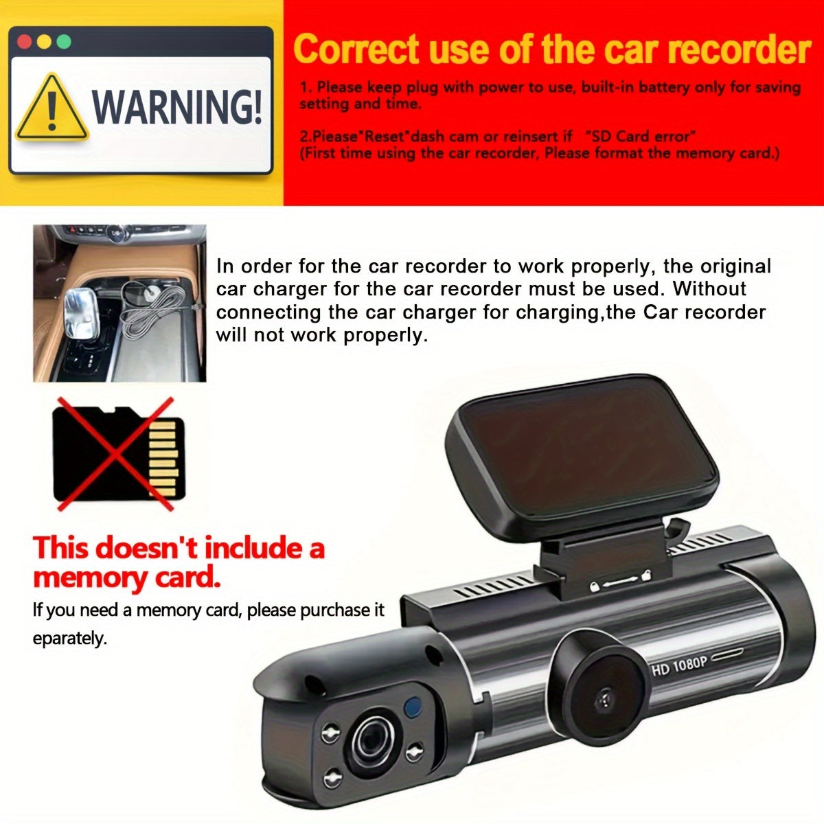 Dual Dash Cam 1080P Front 720P Inside Night Vision Loop Recording G-Sensor Wide Angle