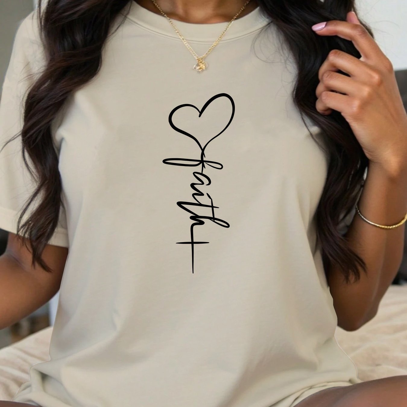 Women's Beige Casual Sports Tee with Love Plus Graphic Short Sleeve