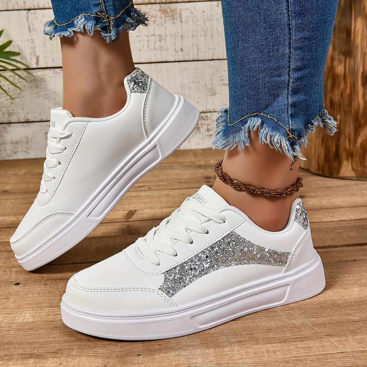 Women's Glitter Lace-Up Sneakers, Lightweight Soft Sole Skate Shoes