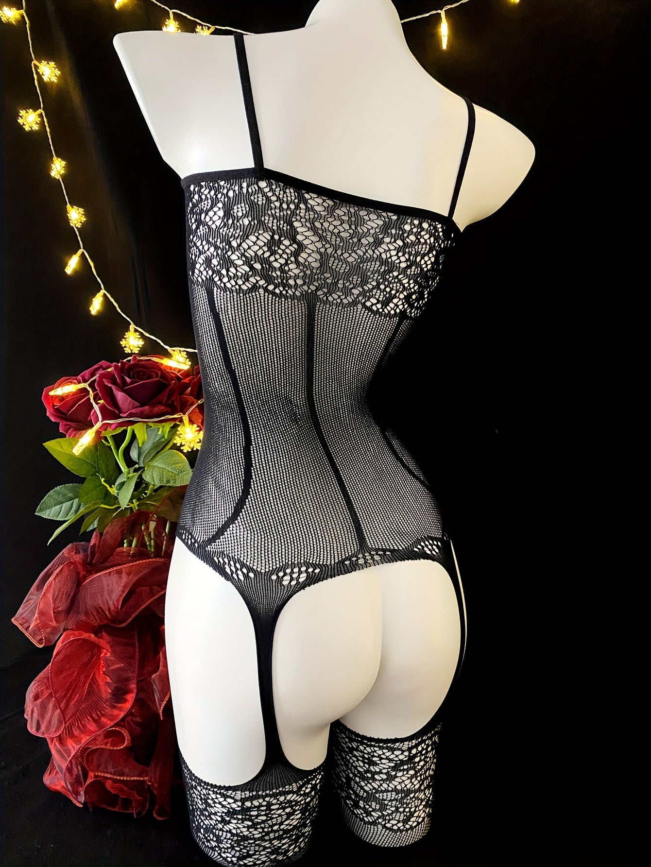 Women's Black Lace Bodysuit with Hollow-Out Design for Festivals and Beachwear