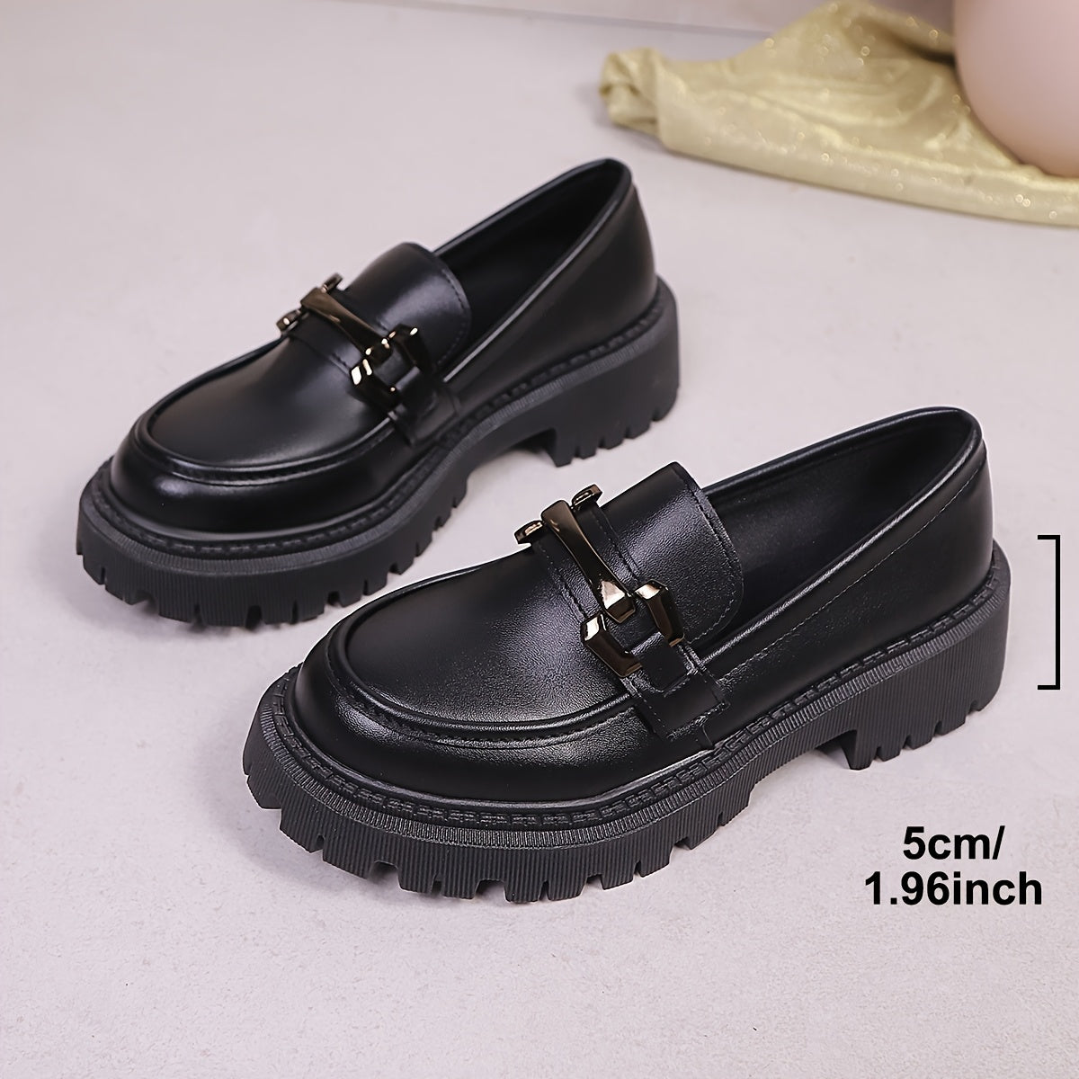 Women's Chunky Platform Loafers with Metal Chain Buckle Casual Slip-On Shoes