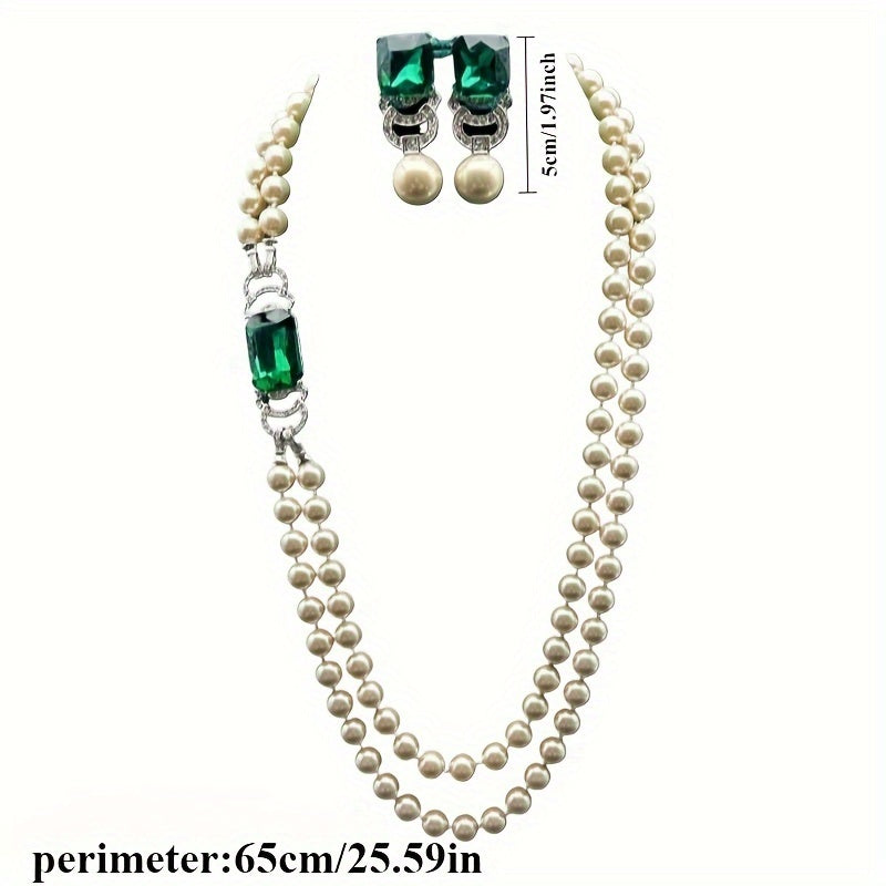 Vintage-Inspired Boho Pearl Necklace with Glass Emerald and Rhinestones