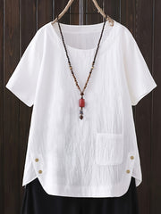 Plus Size Women's Casual Short Sleeve Cotton Shirt with Chest Pocket