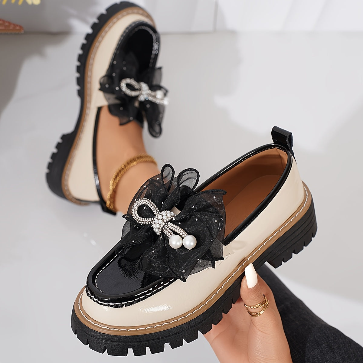Women's Chunky Platform Loafers Slip-On Rhinestone Bow Synthetic Rubber Sole