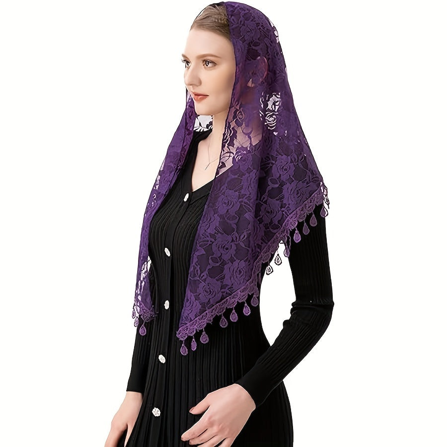 Women's Lace Shawl Triangular Mantilla Veil for Ceremonies with Tassel Accents