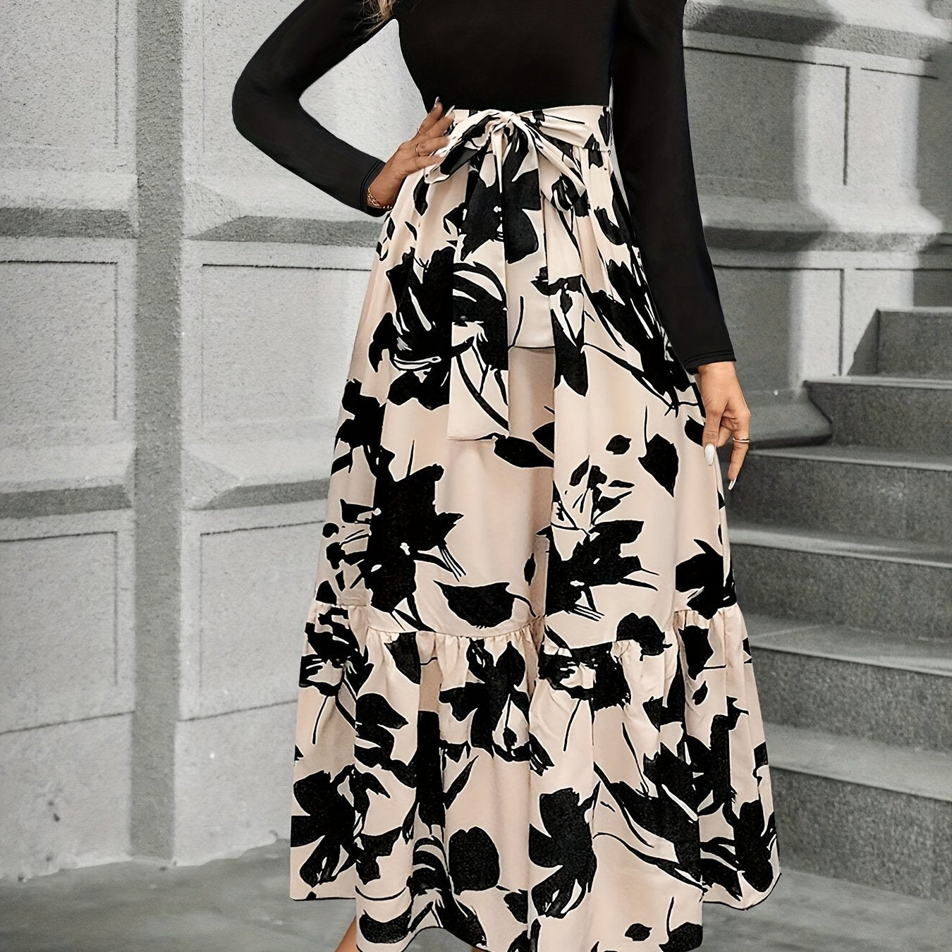 Women's Floral Print Tie Waist Midi Dress with Long Sleeves and Patchwork Design