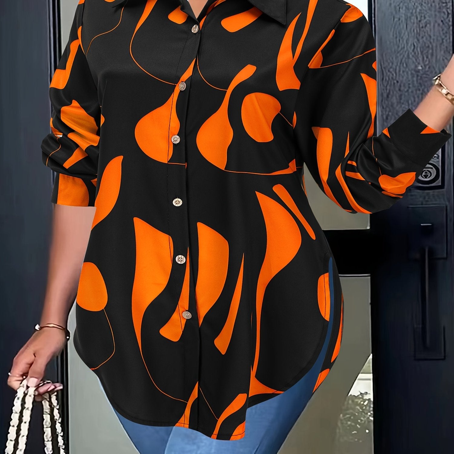 Plus Size Allover Print Button Front Shirt Long Sleeve Curved Hem Women's Clothing