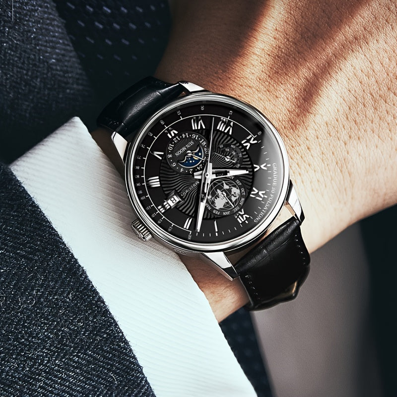 Men's Quartz Watch with Faux Leather Strap and Date Feature