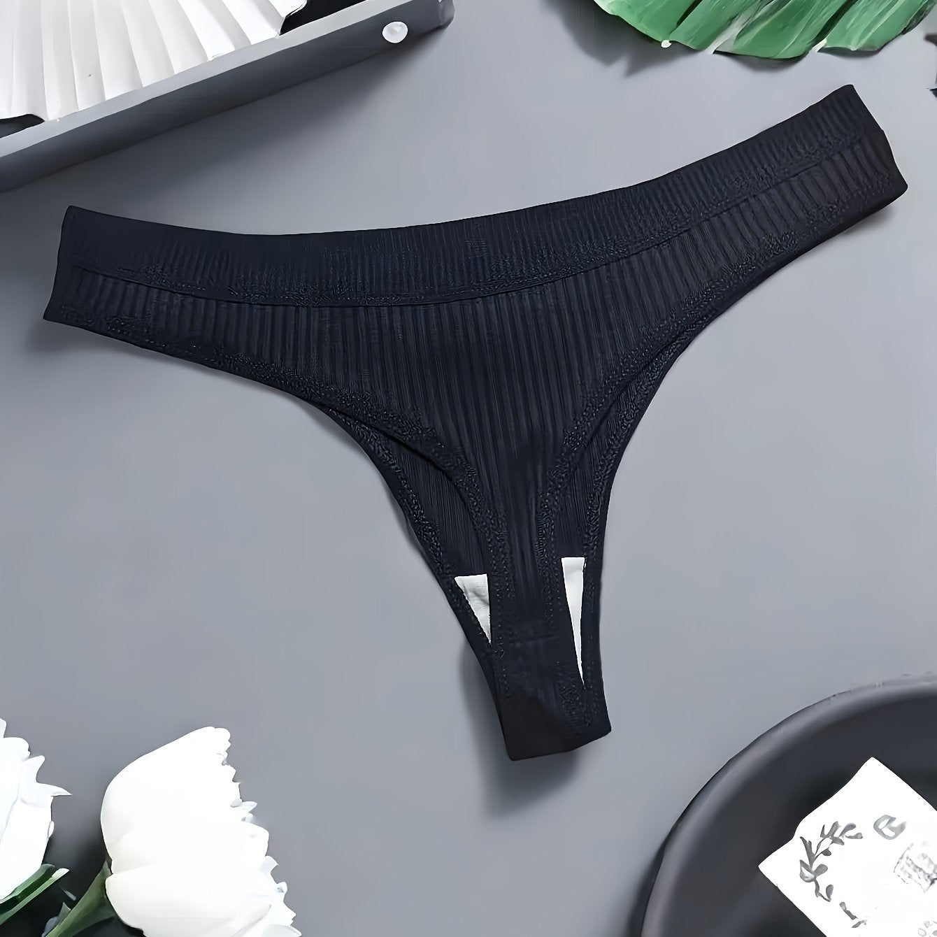 Women's Black Semi-Sheer Ribbed Thong Panties with Side Stripe and Low Rise