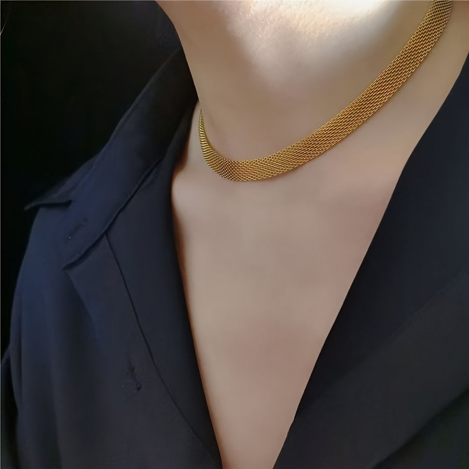 Hypoallergenic Stainless Steel Jewelry Set with Woven Mesh Necklace and Bracelet in 18K Plated Finish