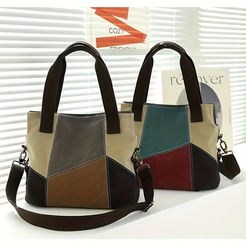 Vintage Style Shoulder Bag with Detachable Strap Color Block Patchwork Nylon