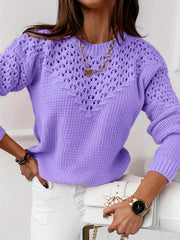 Women's Solid Color Long Sleeve Sweater with Lace Cutouts for Casual and Formal Wear