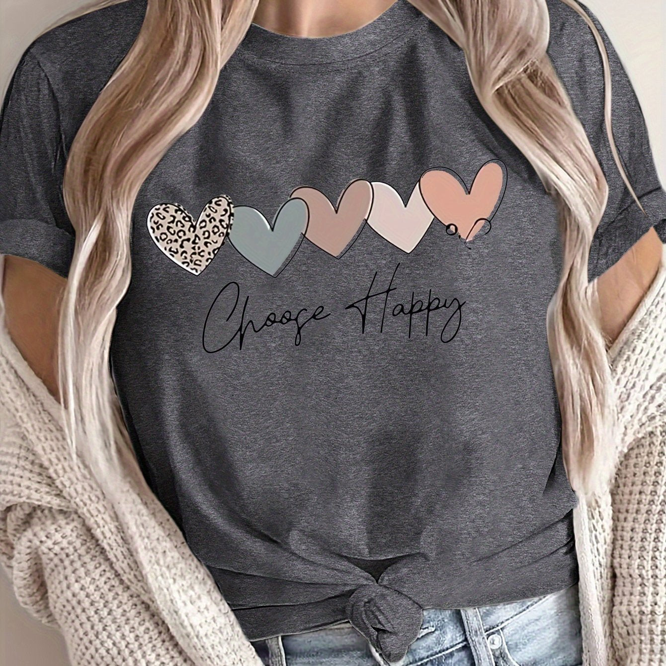 Plus Size Heart Letter Print T-Shirt Casual Short Sleeve Top for Spring and Summer