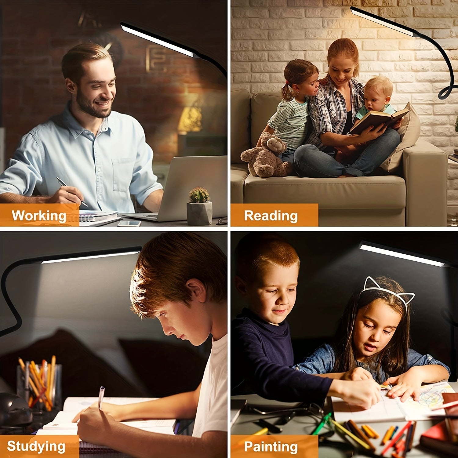 LED Swing Arm Desk Lamp with Clamp, Flexible Gooseneck, Eye-Caring Architect Light, USB Power, Switch, Black or White