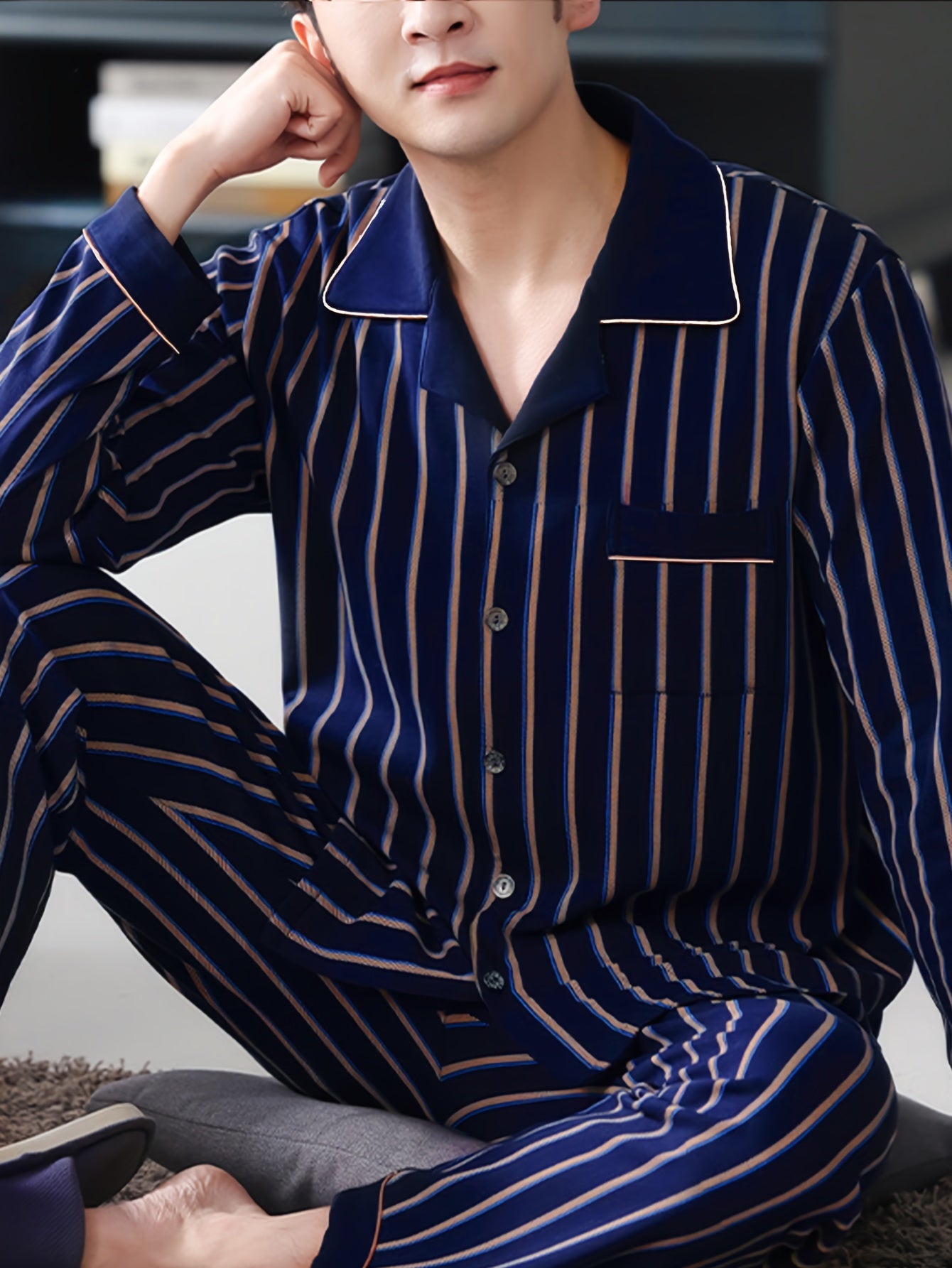 Men's Striped Long Sleeve Pajama Set Polyester Elastane Sleepwear with Pockets for Spring Autumn