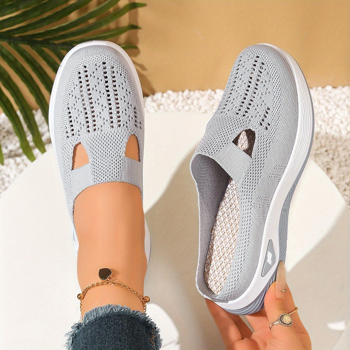 Women's Mesh Slip-On Sandals with Cut-Out Design Black White Casual