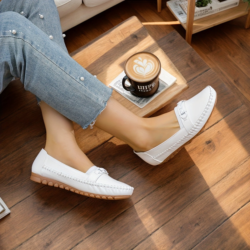 Women’s Breathable Flat Shoes - Round Toe Slip-Ons, White, All-Season