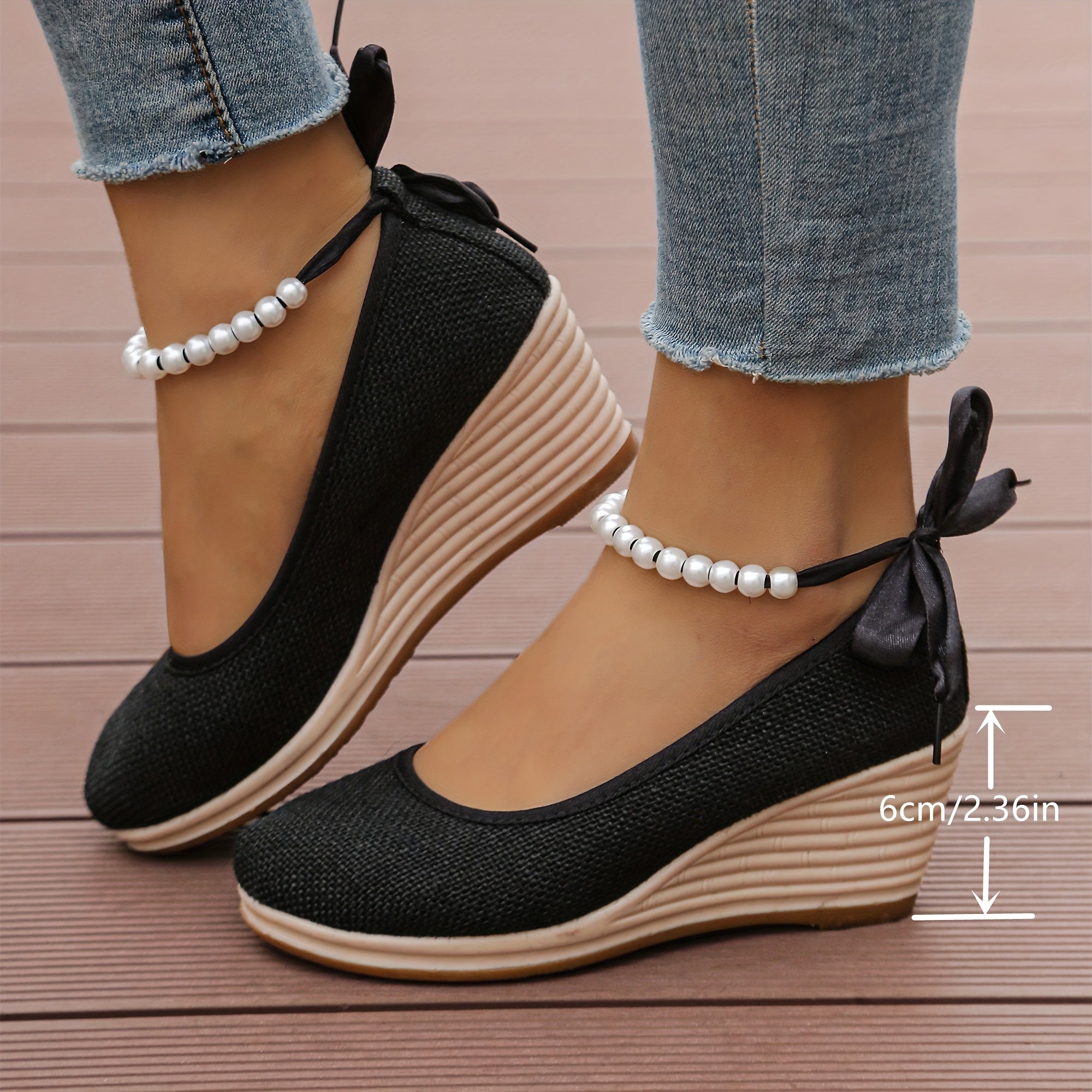 Women's Black Linen Wedge Heel Pumps Round-Toe Shoes with Ankle Bracelets