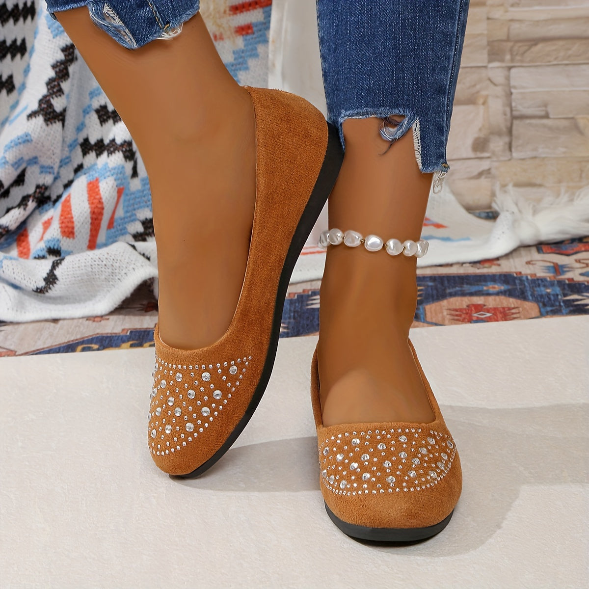 Women's Slip-On Flats with Rhinestone Accents Comfortable Lightweigh