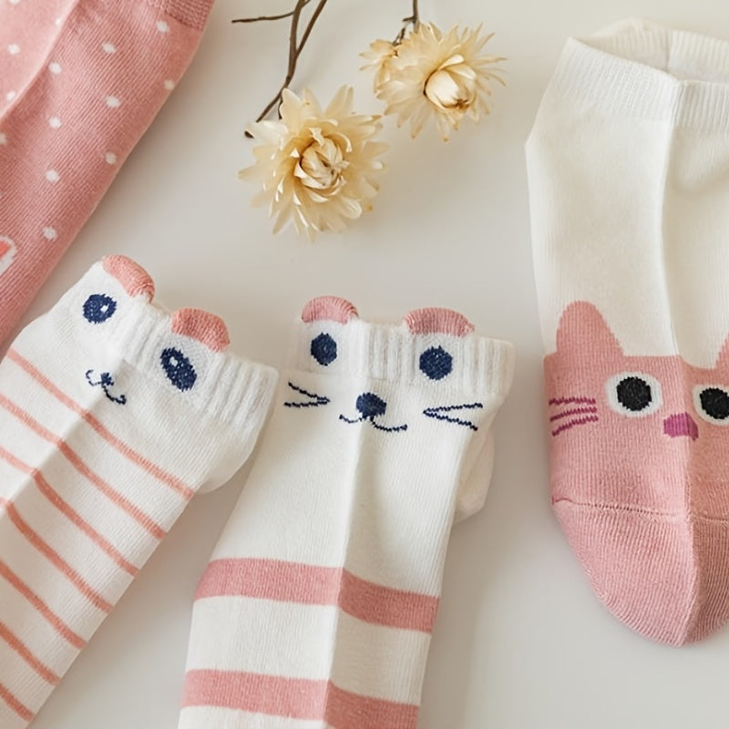 5 Pairs Pink Cartoon Cat Ankle Socks for Women Breathable No-Show Summer