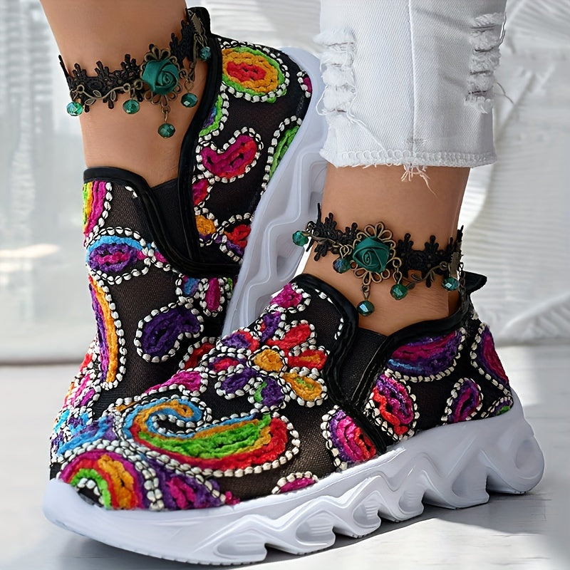Women's Embroidered Fabric Slip-On Sneakers with Rubber Sole